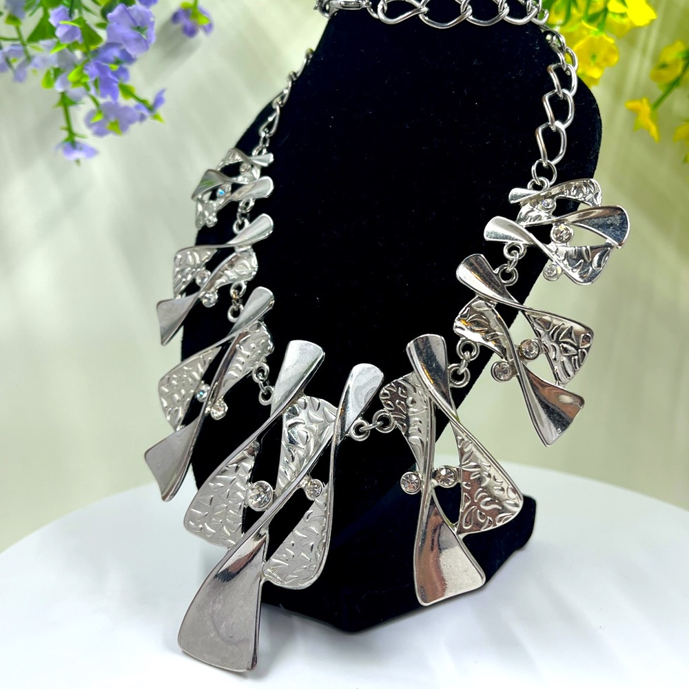 Abstract Art Deco Statement Necklace with White Crystal Accents - Picture 3 of 6